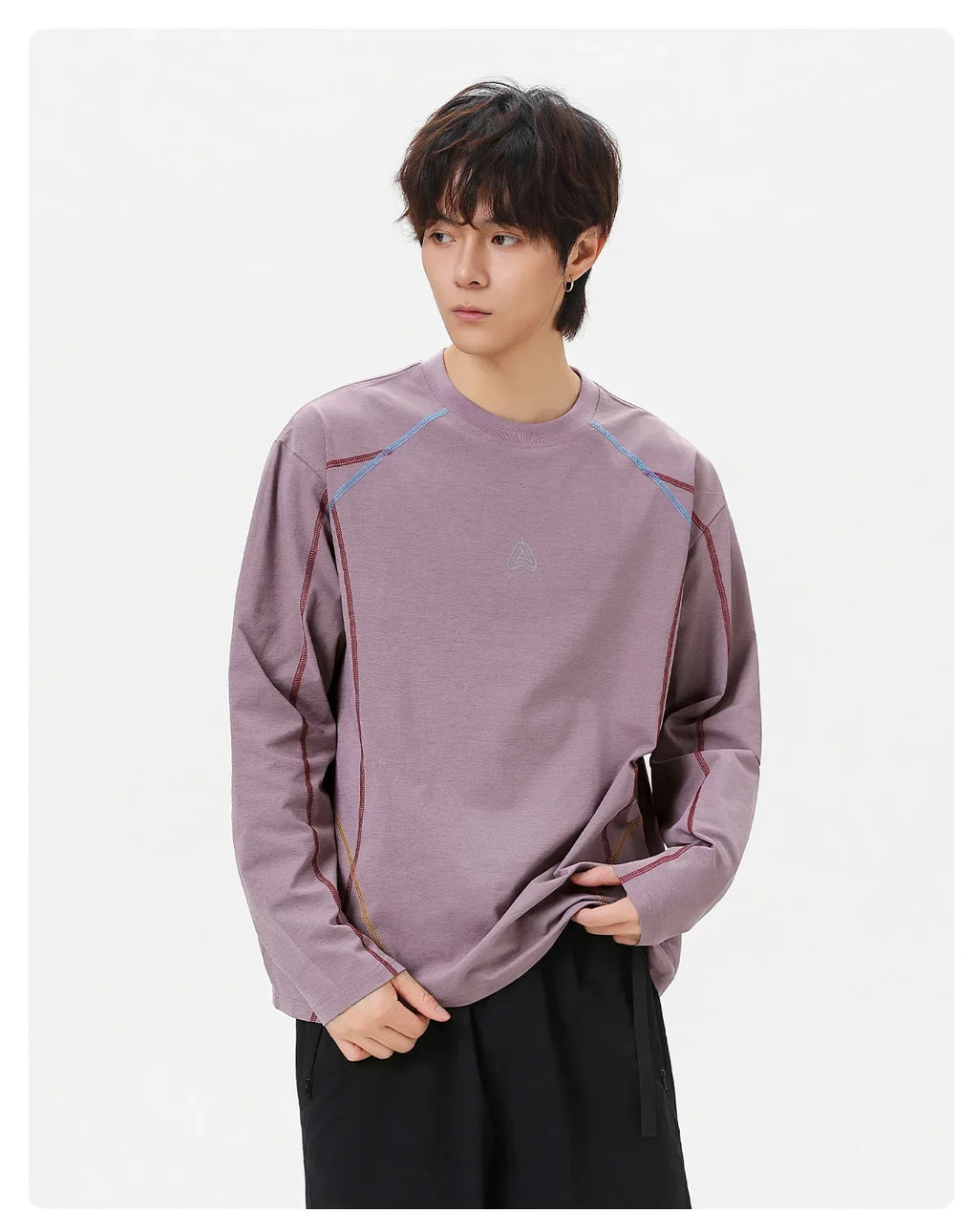 Men's Cool-Touch Contrast Stitch Long Sleeve T-Shirt – Loose Fit Moisture-Wicking Athletic Top for Autumn & Summer Sports