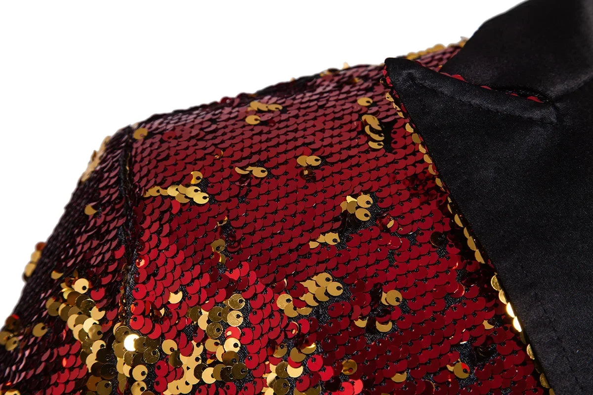 Red Men's Metallic Shiny Sequins Tuxedo, Performance,Party,Stage Performance Dress Coat,Fashion Long Cardigan Suit Jacket,S-XXL