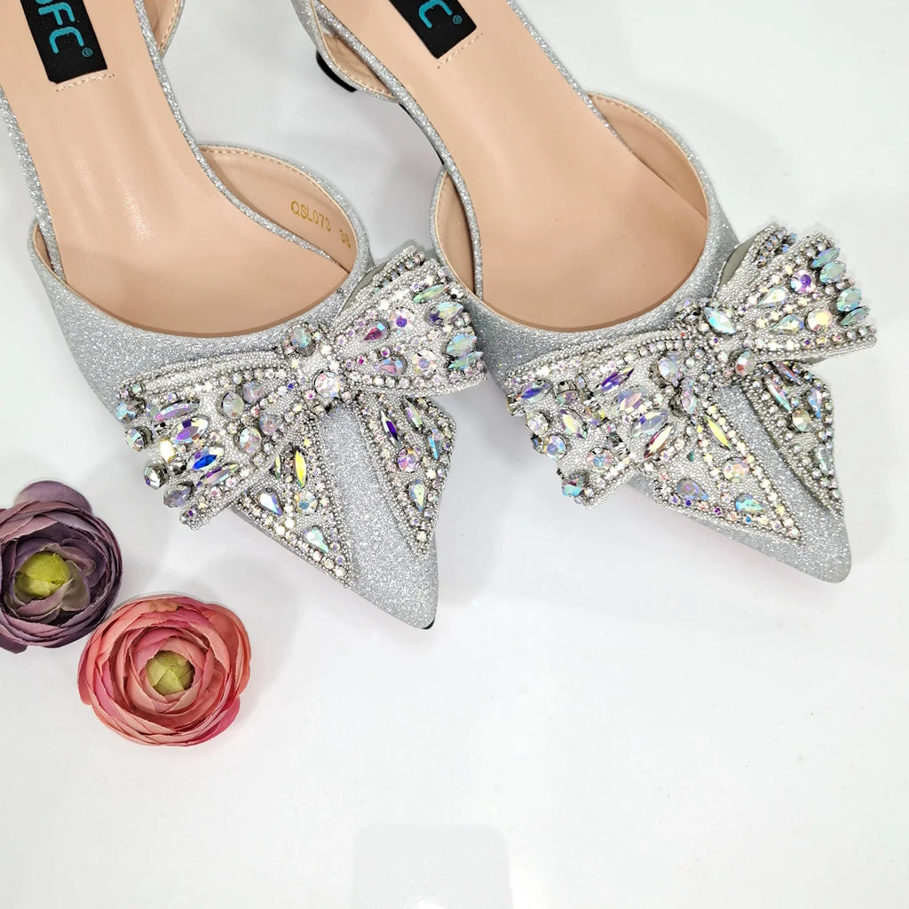 Frosted Crystal Shiny Rhinestone Pointed Shoes And Bag Set