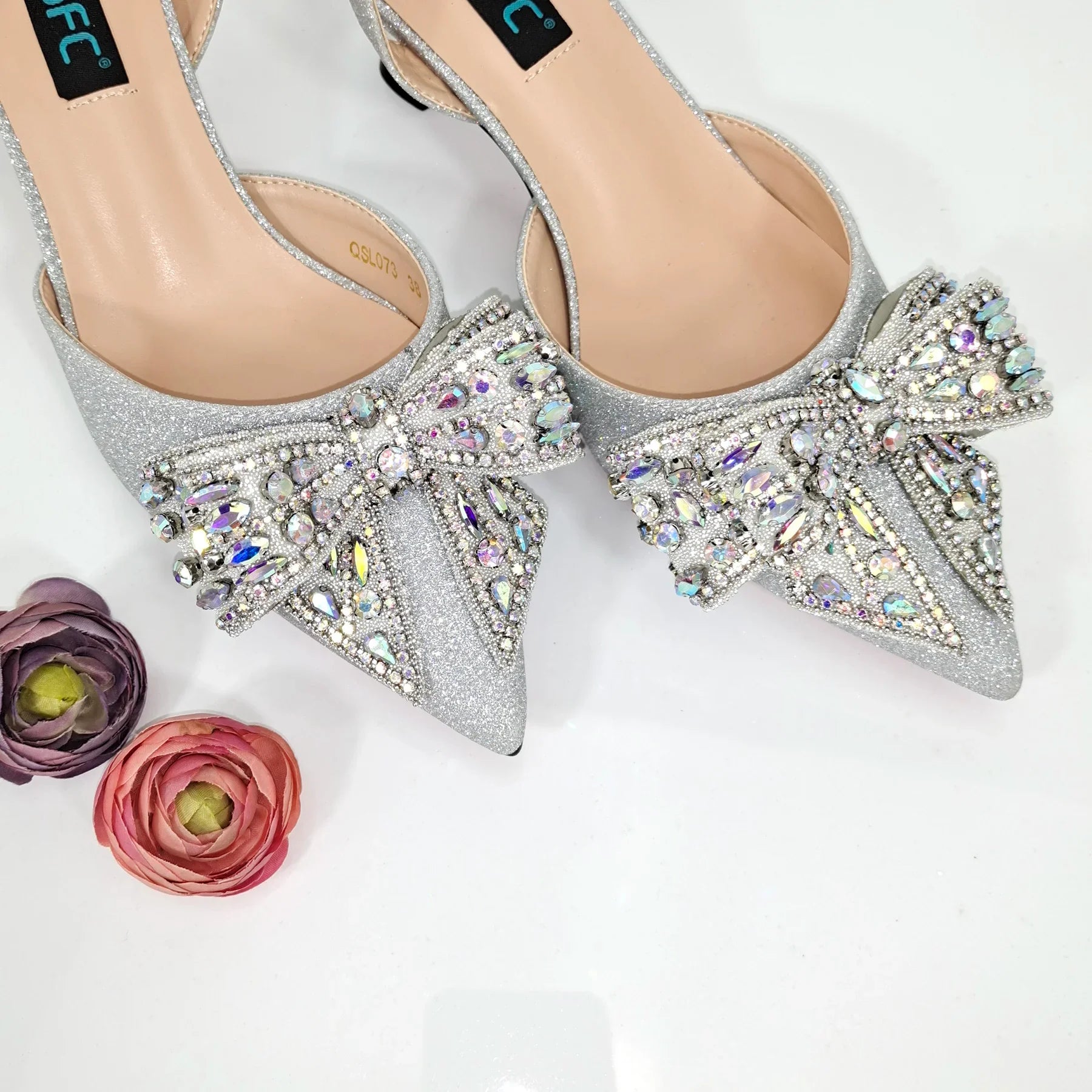 Frosted Crystal Shiny Rhinestone Pointed Shoes And Bag Set