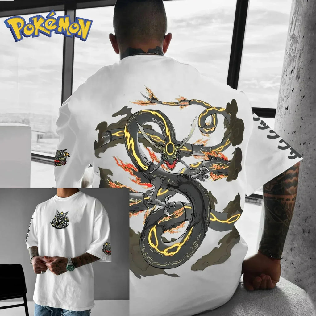 Pokémon Anime Rayquaza Peripheral Printed T-shirt Short Sleeved Men's and Women's Summer New Item Pure Cotton Loose Casual Top