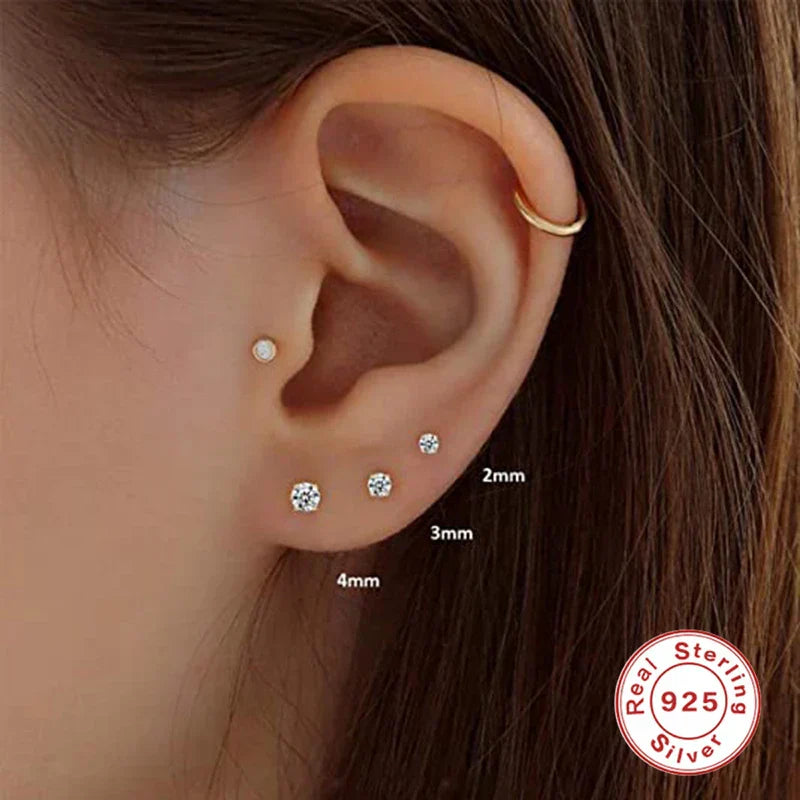 3pcs/set Bling Zircon Earring 925 Sterling Silver Cute Mini Heart Star Stud Earrings Ear Bone Earlobe Piercing Jewerly
