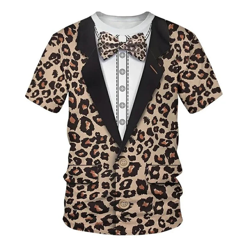 Animal Role Play Fun Leopard T Shirt Men's Short Sleeve O-neck Personality T Shirts Hip Hop Street Cosplay Print Stripes Tee