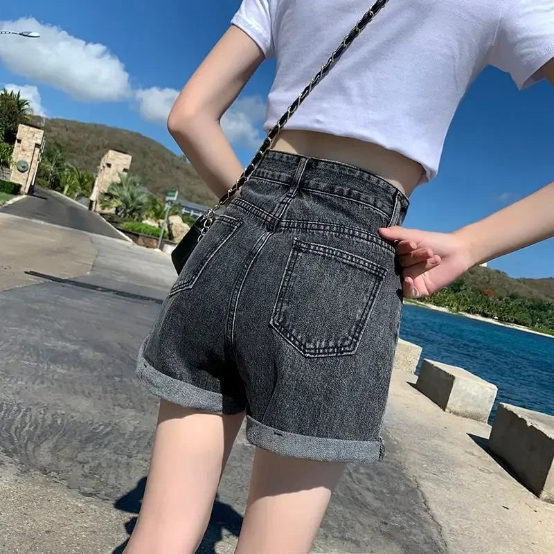 Summer Thin Style Korean Version High Waist Slimming Denim Shorts for Women Loose Line Outer Wear Rolled Edge Wide Leg Hot Pants