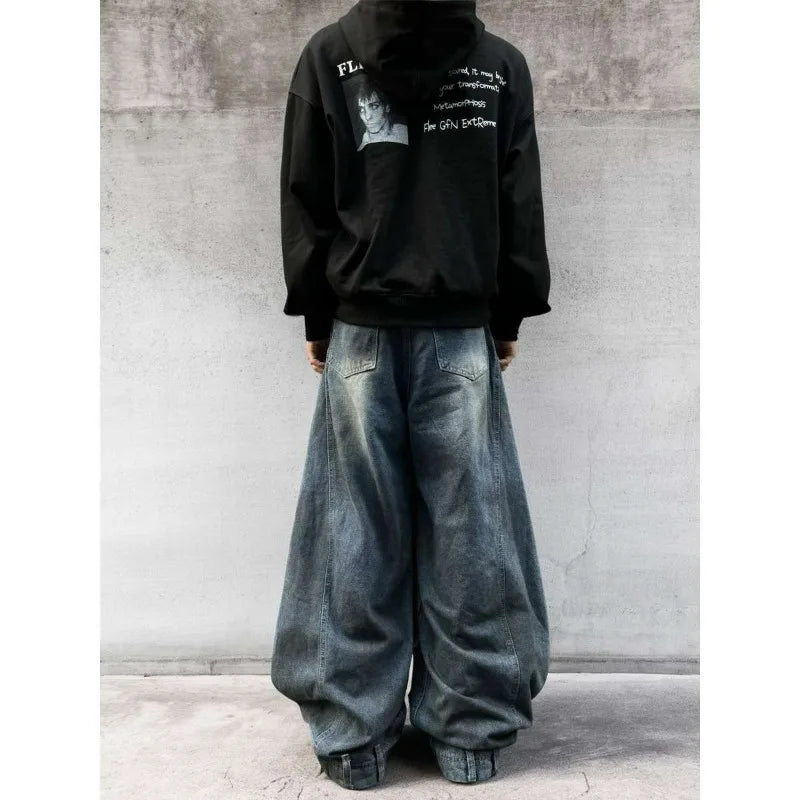Autumn New Men's 98% Cotton Jeans American Y2k Streetwear Hole Patchwork Design Denim Pants Youth Straight Baggy Stretch Jeans