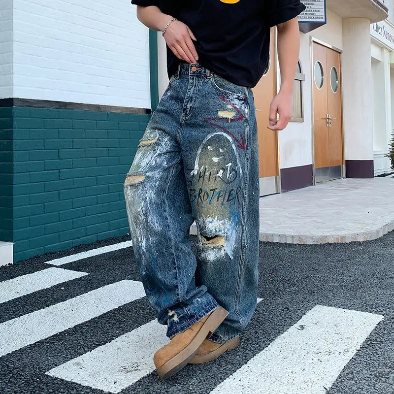 New street graffiti ripped painted jeans for men, straight-leg, loose, wide-leg, trendy brand, stylish high-end