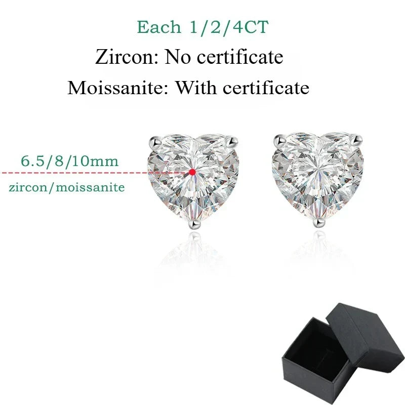 1CT 2CT 4CT Heart Cut Moissanite Stud Earrings for Women Luxury Quality Lab Diamond S925 Sterling Silver Bride Jewelry