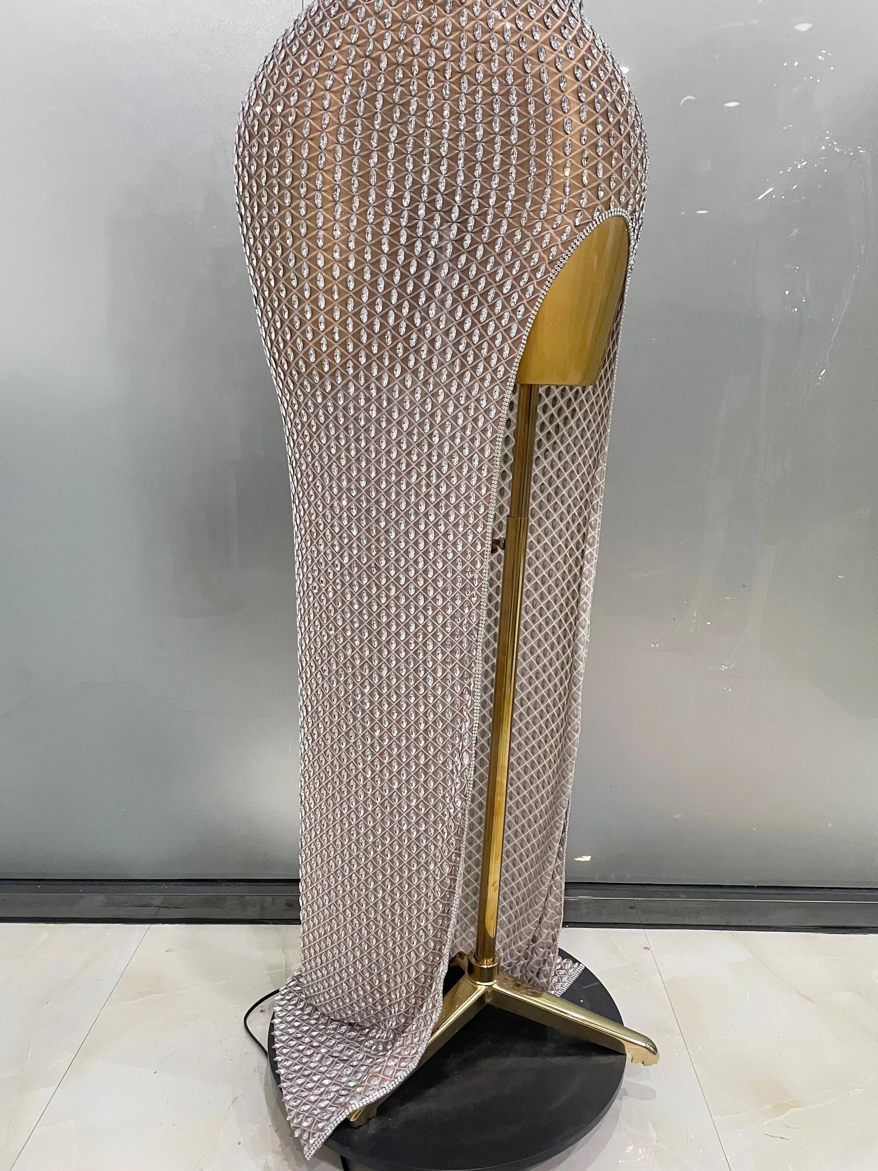 2025 Luxurious Full Rhinestones Mesh Transparent Long Dress Women Birthday Celebrate Evening Prom Dress Party Club Stage Costume
