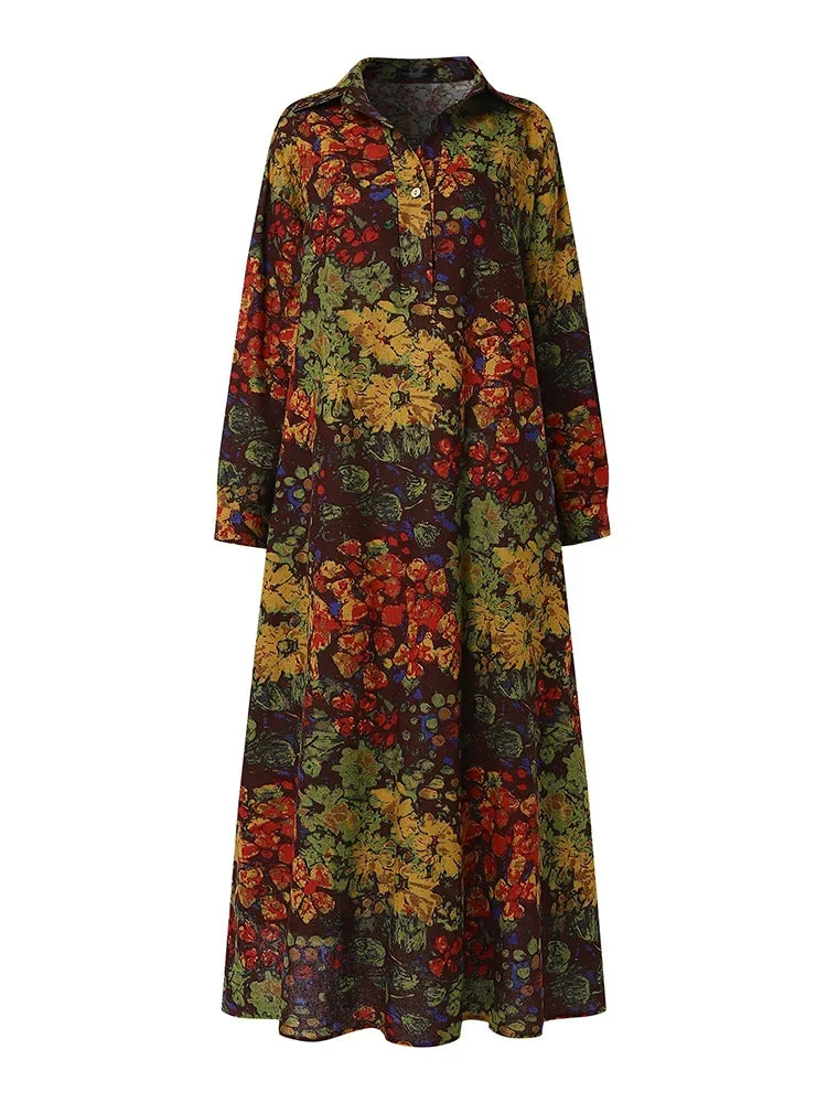 Printed Long Sleeve Cotton Maxi Dress Women Spring 2025