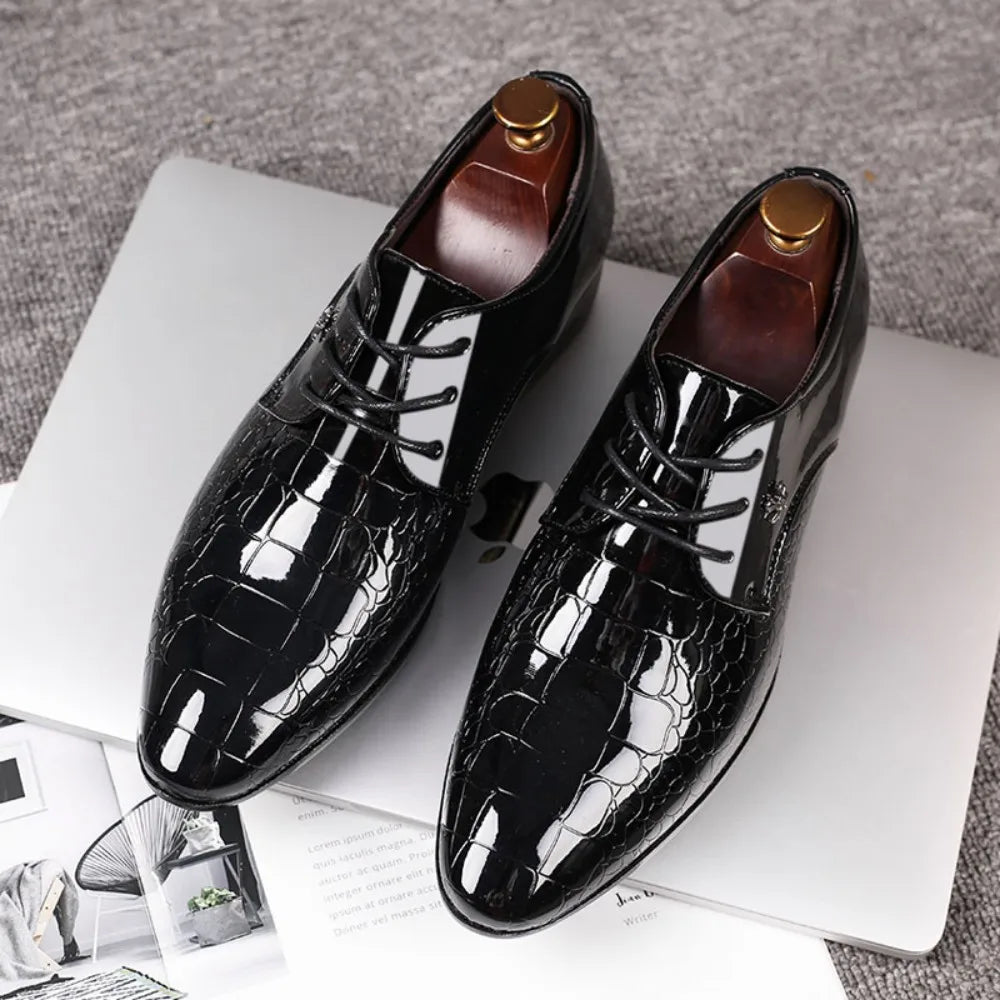 Men's Dress Shoes Business Oxford Shoes Cracked Stripe Casual Lace Up Crocodile Stripe Pattern Mens Derbys Shoes for Men