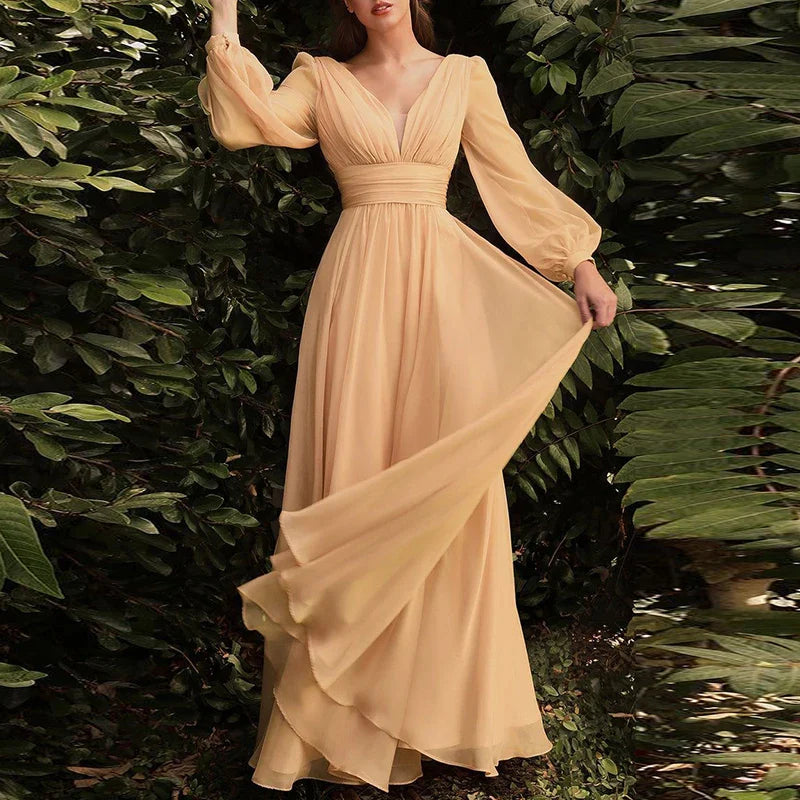 Royal Blue Evening Dress Women Elegant Backless V-neck Long Sleeves