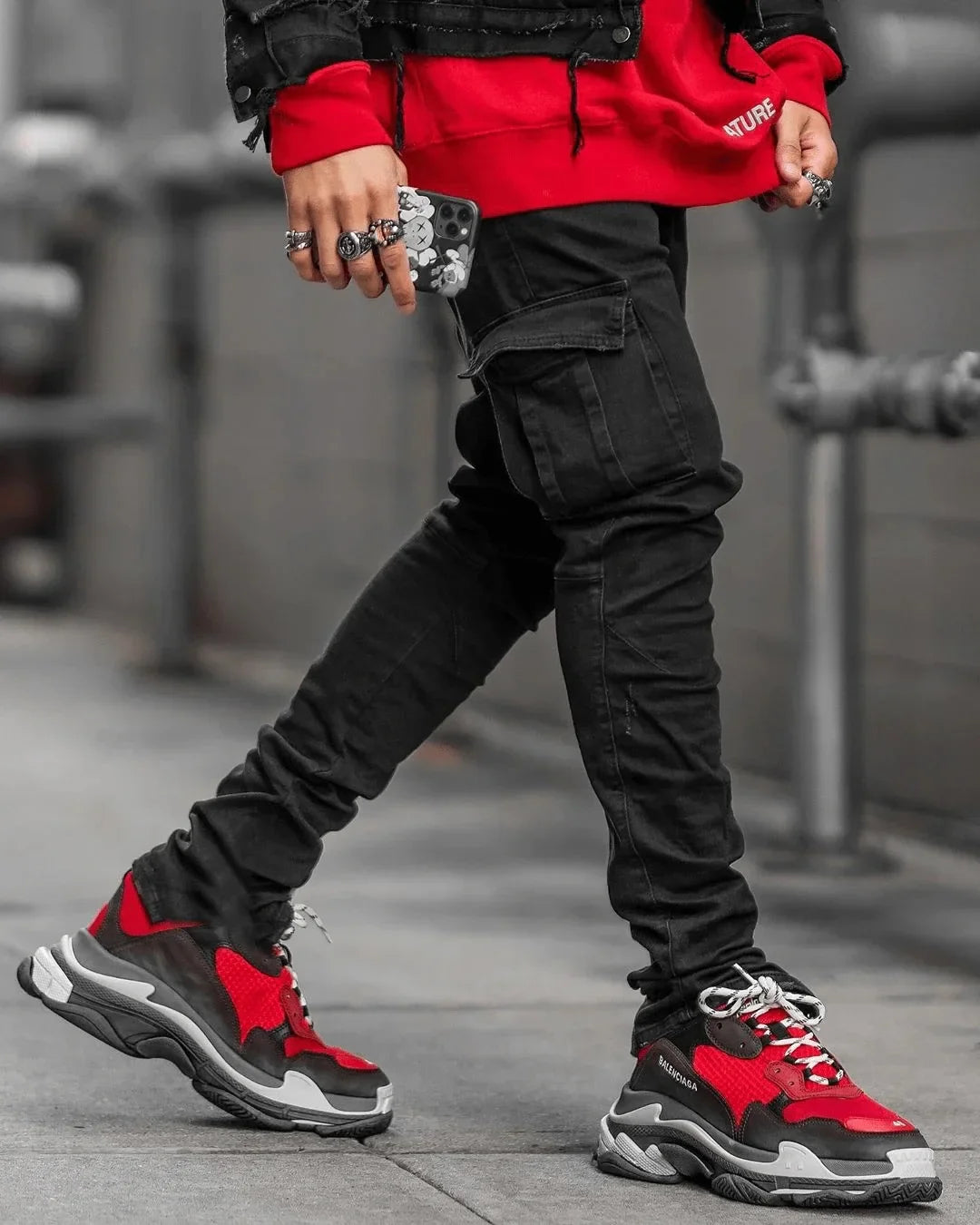 Jeans Men Black Cargo Pants Multi Pockets Denim Pantalone's Trousers