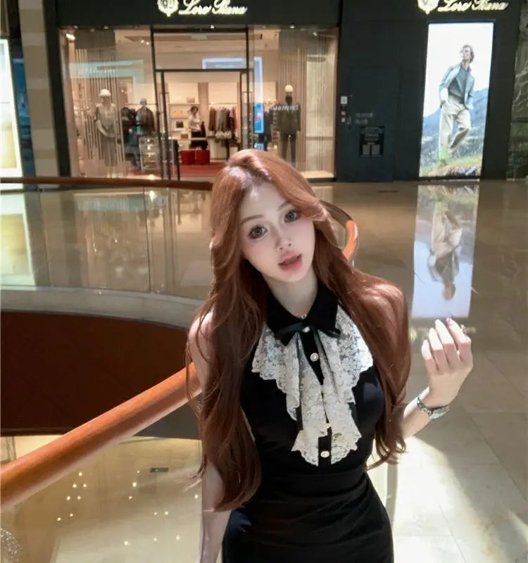 Kimotimo Hotsweet Y2k Dress Women Lace Splicing Bow Halter Waist Slim Fit Hip Mini Dresses Fashion Birthday Party Vestido Summer