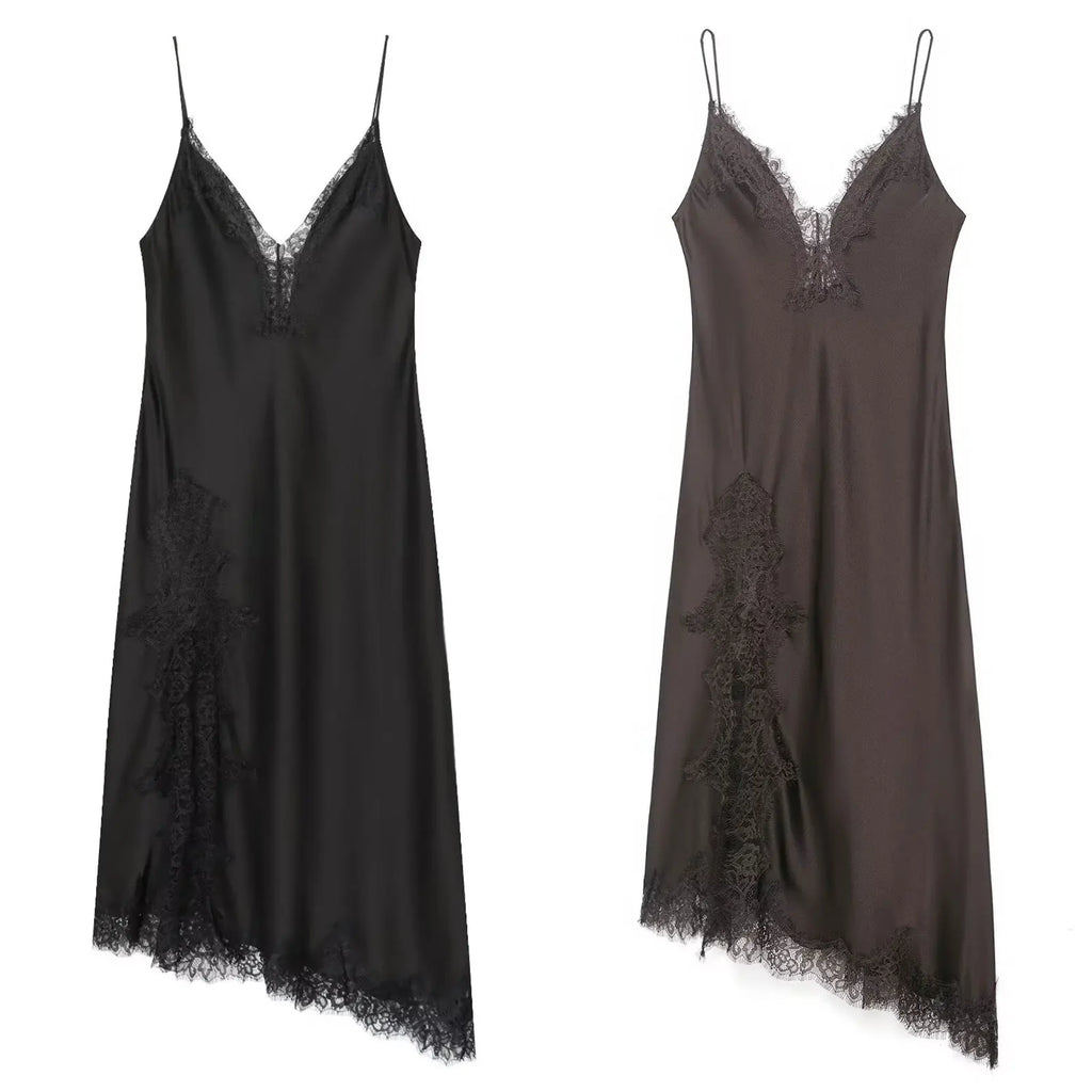 Women Fashion Lace Splicing Satin Texture Long Dress Sexy Backless Sleeveless Dresses Summer Lady Trend Party Evening Dress
