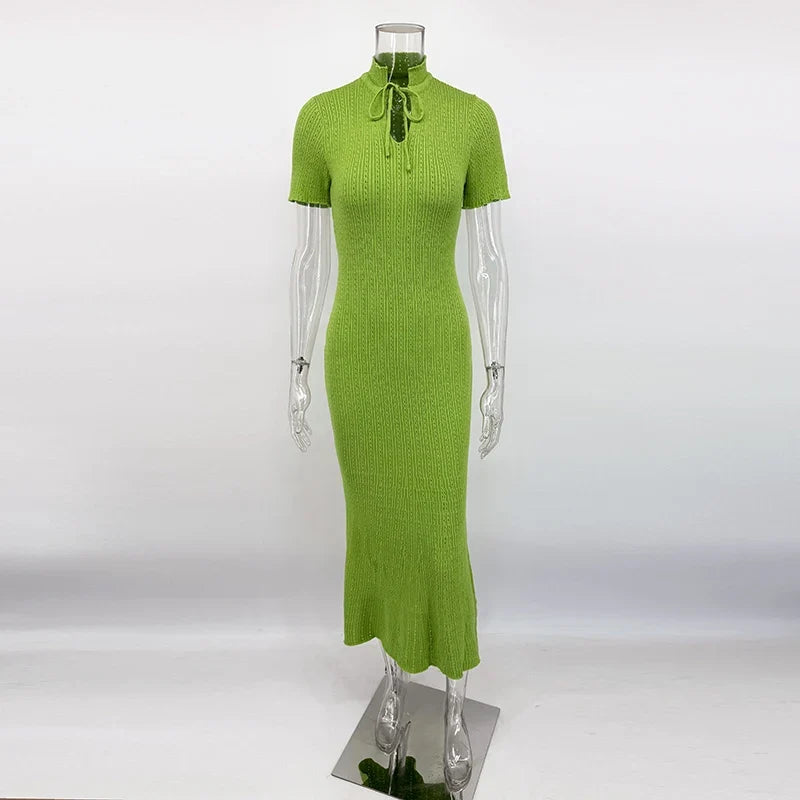 Tornova Retro Knitted Long Dress Female Short Sleeve Slim Hollow Retro Elegant Sweater Dress 2025 Summer High Waist Woman Dress