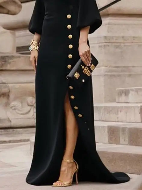 Wedding Prom Evening Gown Party Slit Maxi Dresses for Woman 2025 New Lace Up Gold Button Womens Black Autumn Long Dress