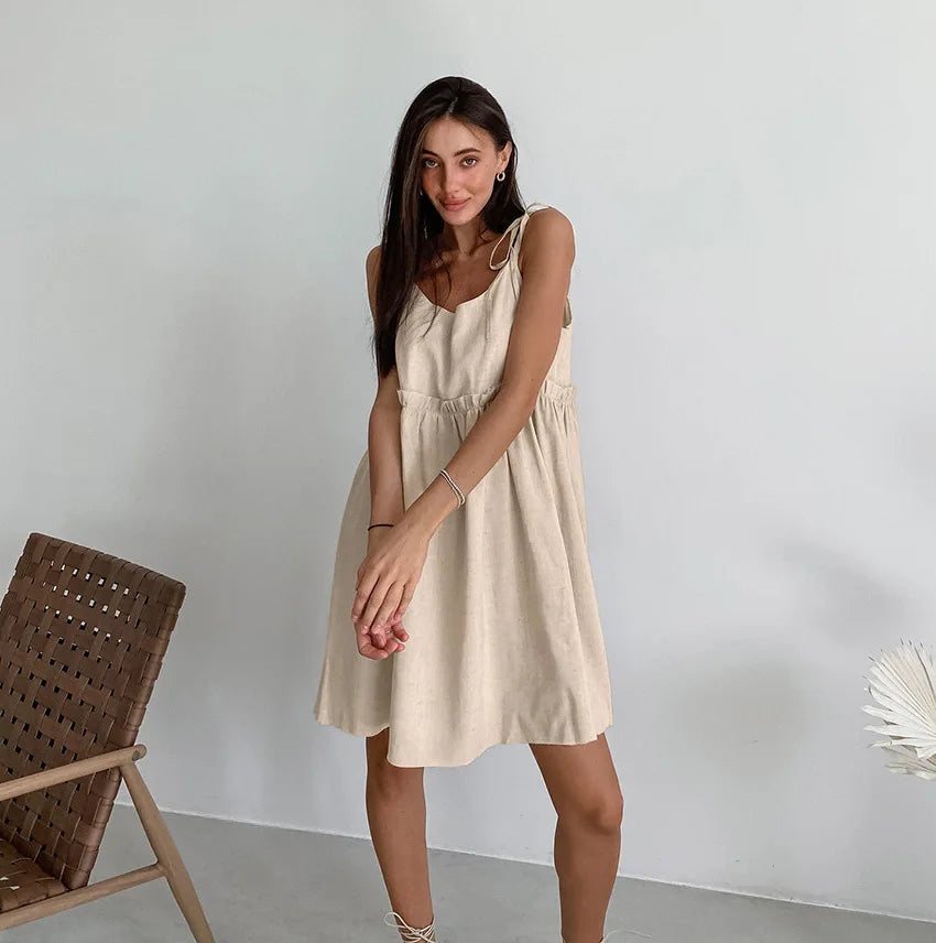 Women's Cotton Linen Spaghetti Strap Mini Dress Summer Loose A-Line Beach Vacation Dress Female Fashion Streetwear Dress