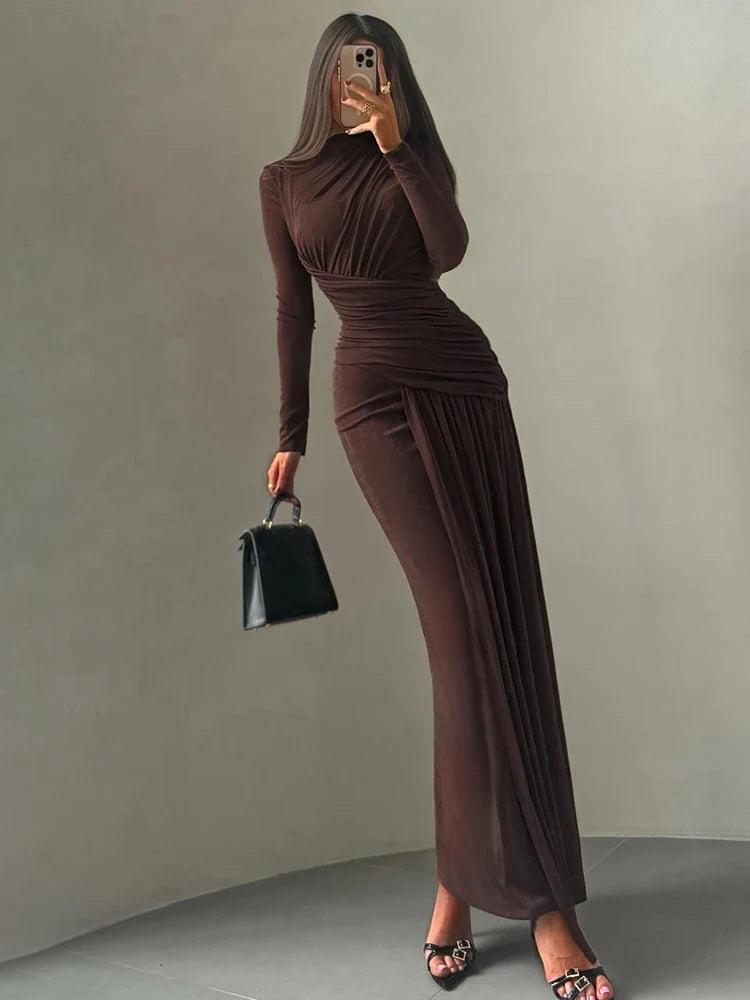 Nibber Folds Maxi Dress Women o-Neck Full Sleeve Solid Banquet Elegant Vacation Fashion Autumn Skinny Casual Simple Vestidos