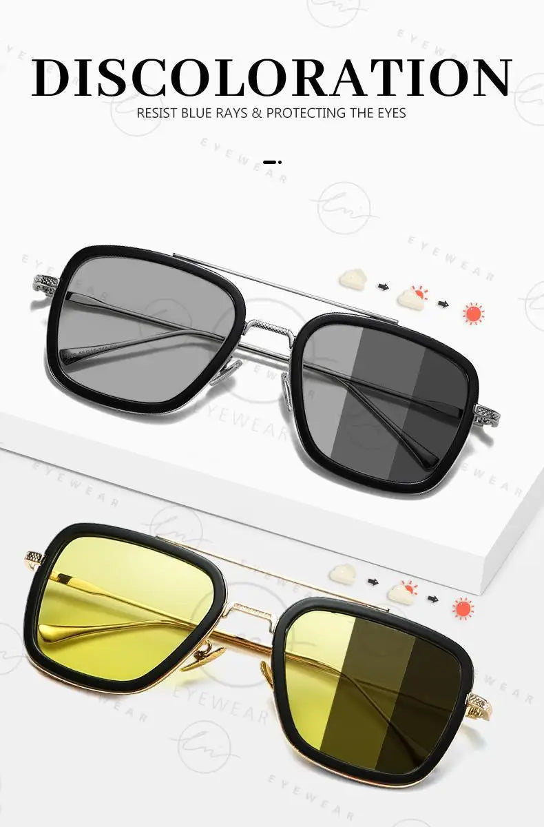 High Quality Tony Stark Square Sunglasses Photochromic Polarized Men Glasses Steampunk Women Driving Night Vision Goggles