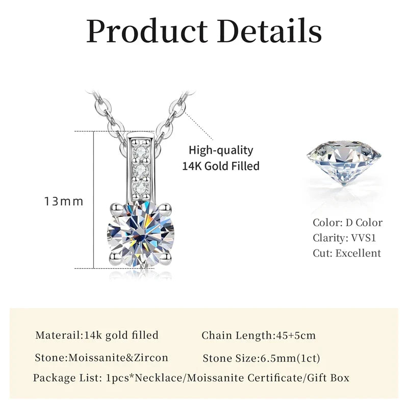 Dazzling 6.5MM 1.0CT Moissanite Pendant Necklace 14K Gold Filled Chain Necklace for Women Exquisite Wedding Jewelry Gift
