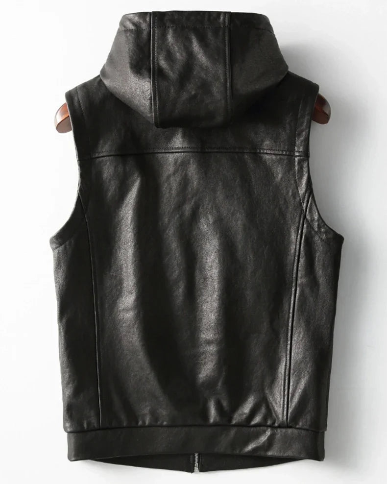 Spring Autumn Luxury Elegant Cool Black Pu Leather Vest for Men with Hood Zipper Sleeveless Jacket Men Clothing 2023