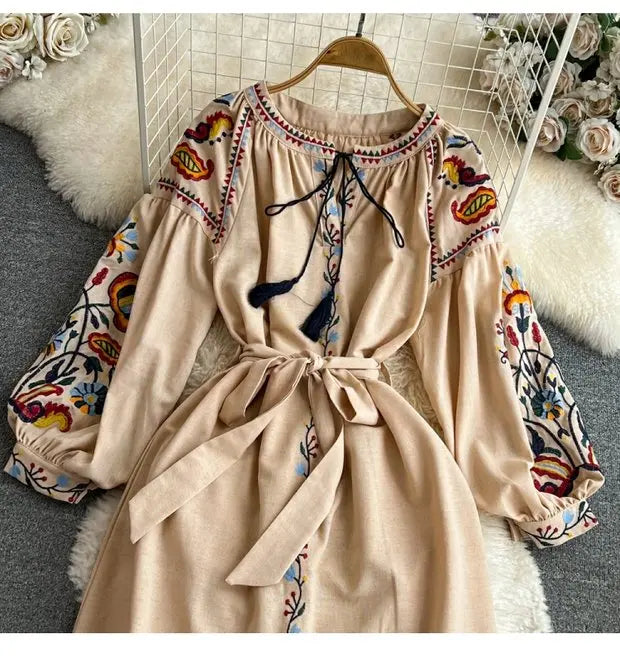 Retro Ethnic Sle Long Sve Embroidered round Ne A-Line Cotton Linen Dr Slimming Waist Cinched Ele Long Dr