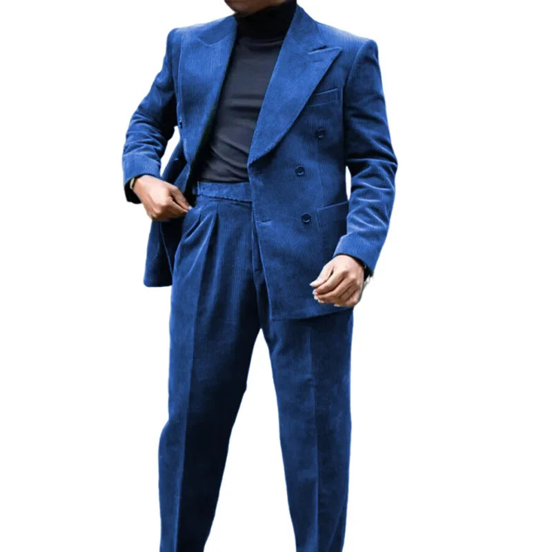 2-Pieces Retro Corduroy Double Breasted Suit Set(Blazer+Pants)High-Quality Warm Luxurious Set Wedding Part Prom Dinner Wrok