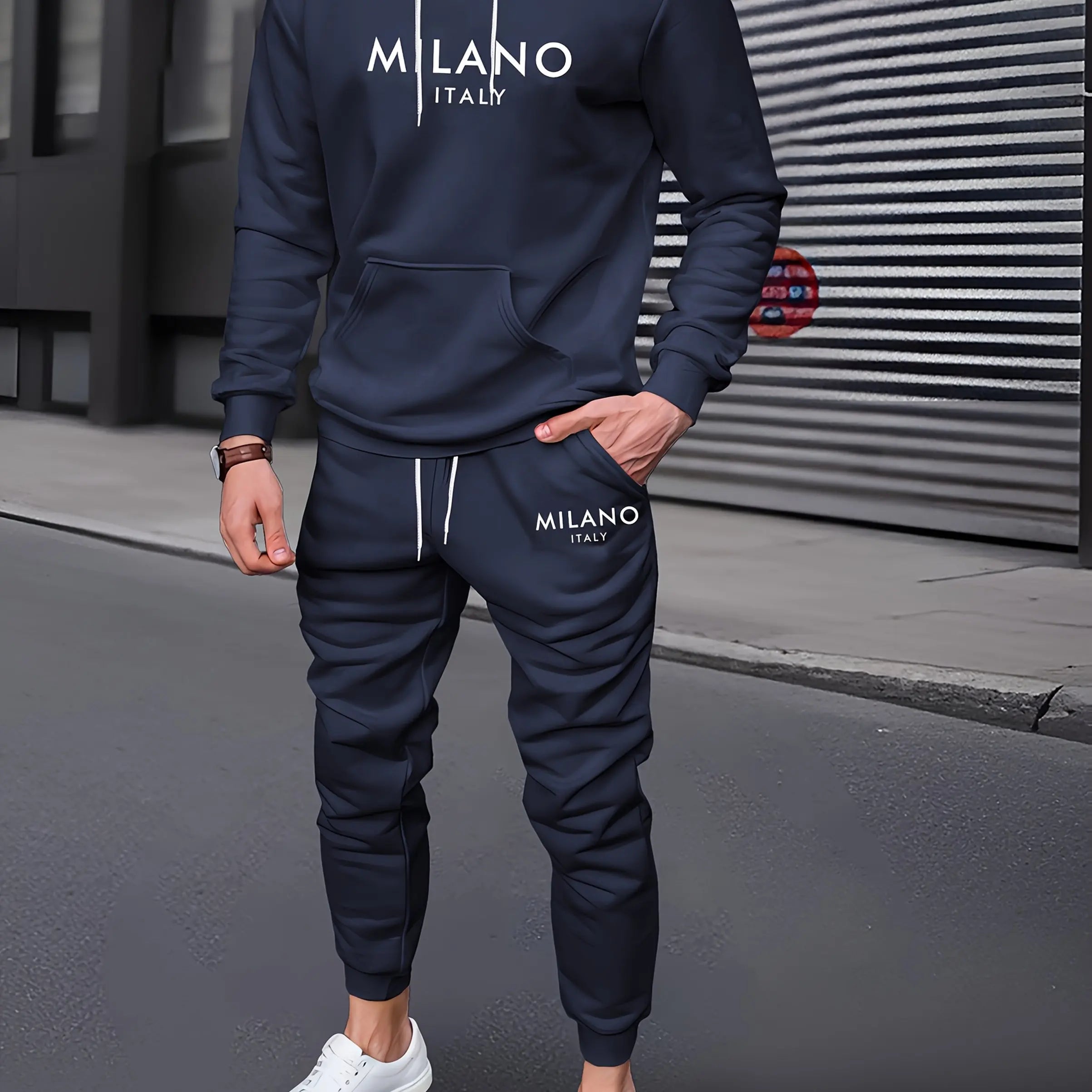 طقم رجالي خريفي/شتوي كاجوال دافئ بطباعة حروف MILANO ITALY، هودي رياضي مخملي سميك فضفاض + بنطال رياضي