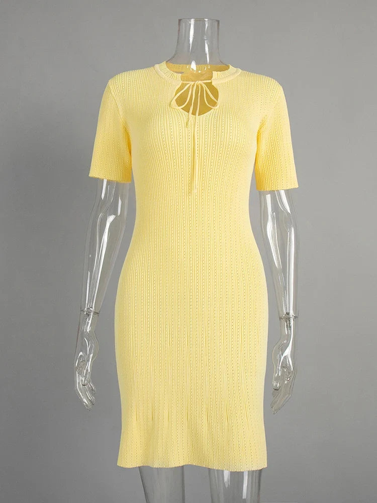 Tornova Retro Knitted Long Dress Female Short Sleeve Slim Hollow Retro Elegant Sweater Dress 2025 Summer High Waist Woman Dress