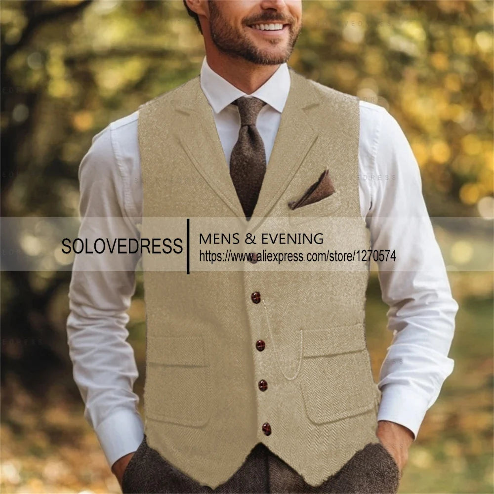Lapel Neck Single Breasted Herringbone Vest 3 Real Pocket Wedding Slim Fit Waistcoat For Men