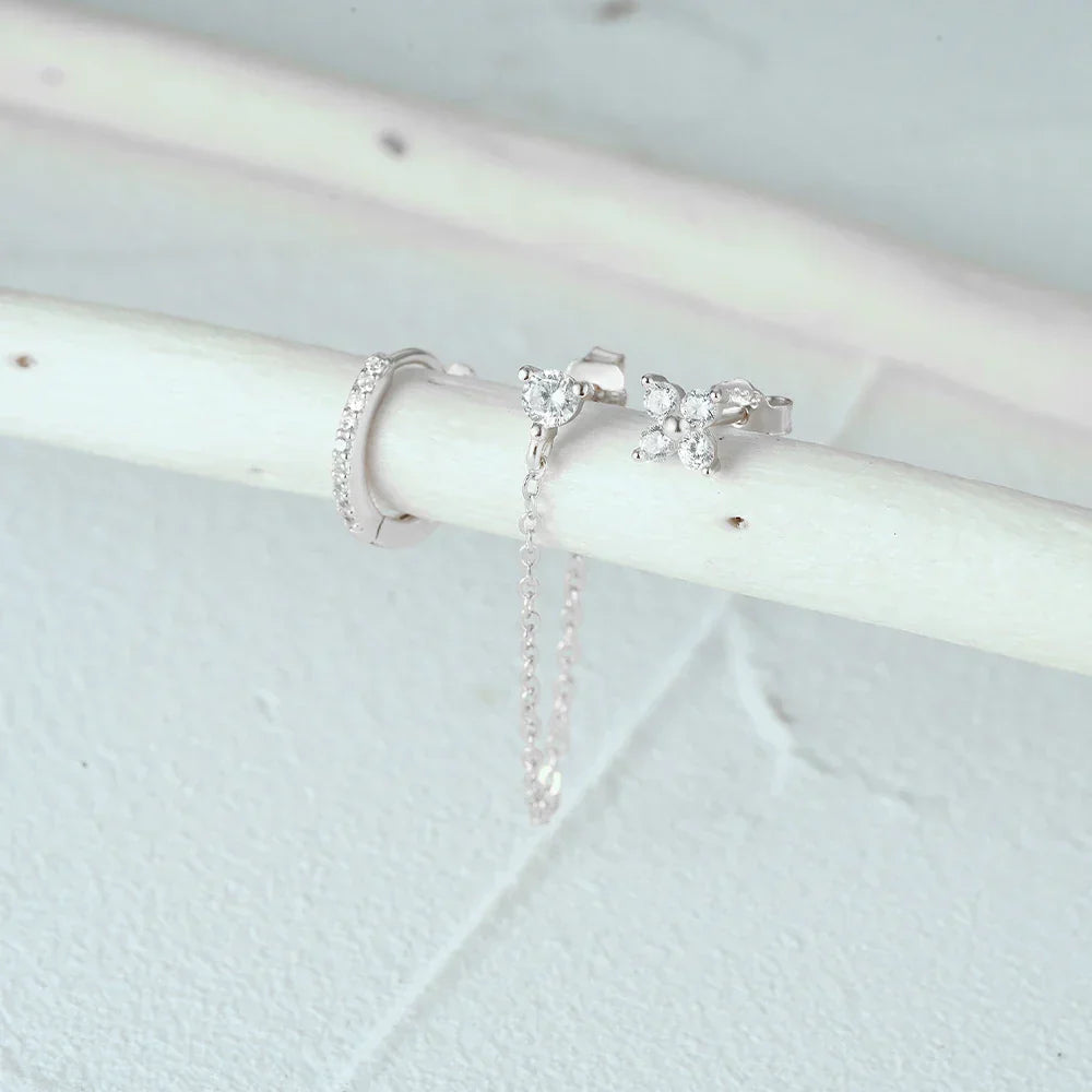 925 Sterling Silver 3pcs/set Cute Chians Stud Earrings Set Fashion Zircon Crystal Women Girls Gift Fine Jewelry Set