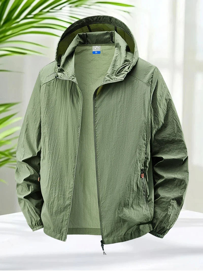 Men's Hooded Sun Protection Jacket Lightweight Outdoor Windbreaker Quick Dry Breathable UV Coat for Hiking Running Travel Beach