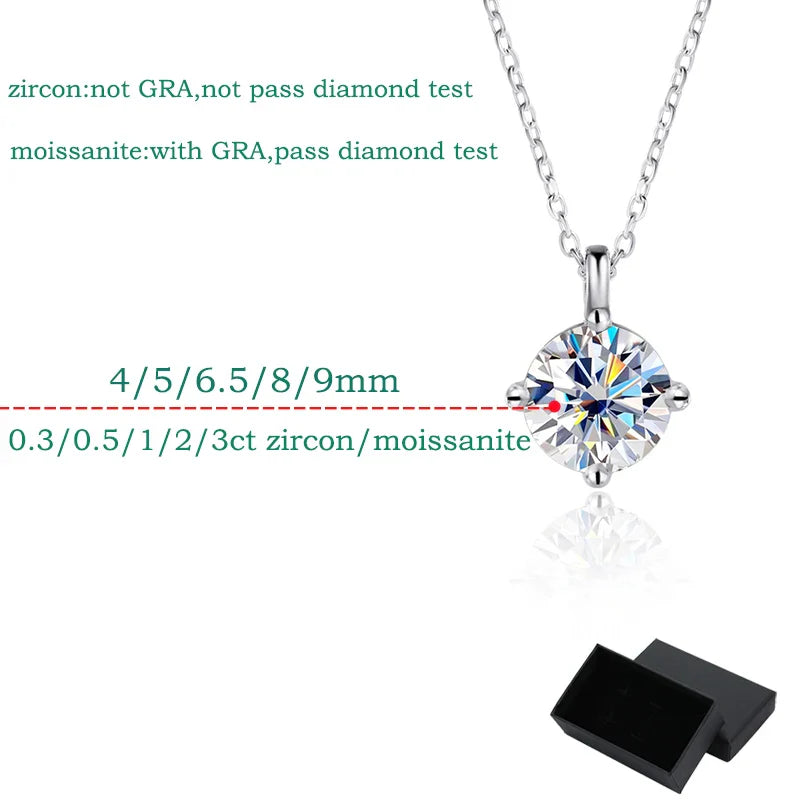 0.3-3CT D Color Moissanite Necklace for Women Classic 4-claws Pendant Sparkling S925 Sterling Silver Lab Diamond Chain