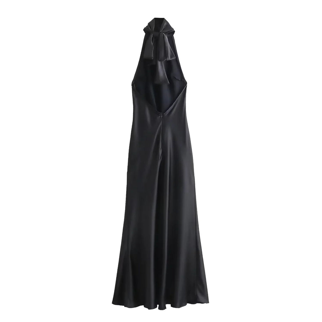 Dress for Women Fashion 2024 Autumn New Bow Sexy Backless French Elegant Halter Neck Satin Texture Midi Dresses