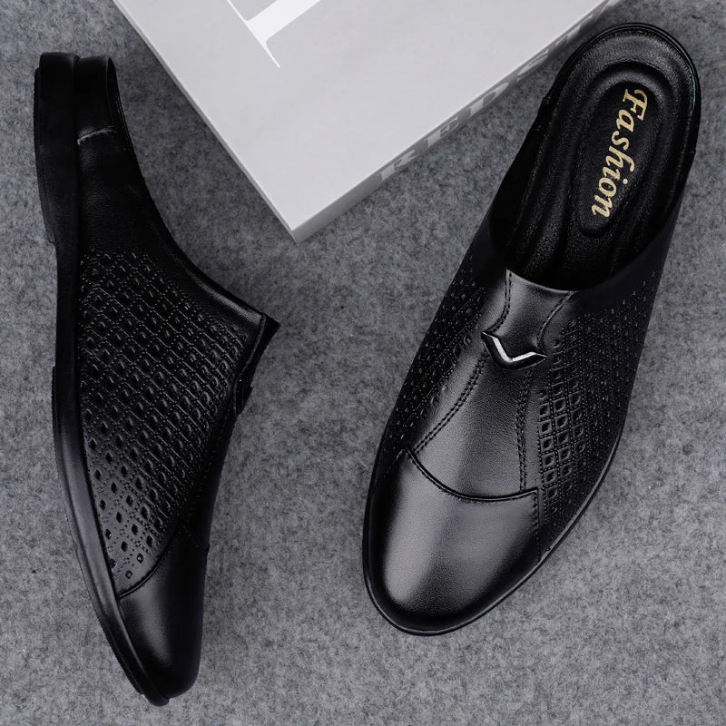 Summer Men Shoes Casual Brand Mens Penny Loafers Genuine Leather Luxury Half Slipper For Men Breathable Lazy Driving Shoes Man