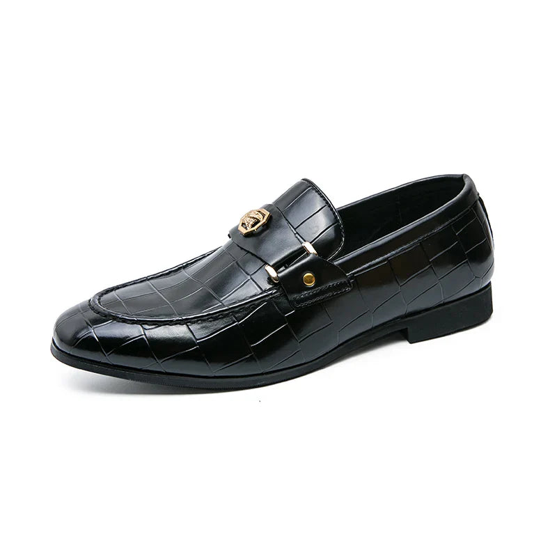 Men Metal Decor Crocodile Embossed Slip On Dress Loafers, Leisure Burgundy Dress Shoes