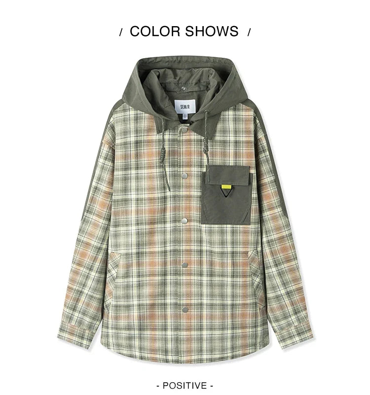 Outerwear Men 2024 Spring New Patchwork Contrast Color Checkered Top Detachable Hooded Fashionable