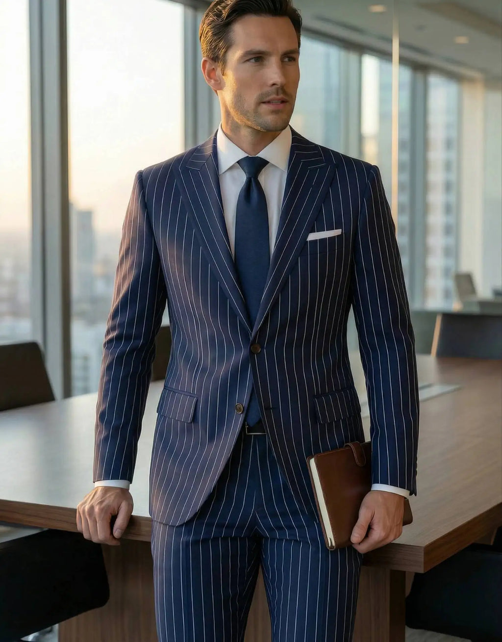 Elegant dark blue striped men's suit; 2 pieces of fashionable double-breasted, collarless slim-fit jacket and trouser set new st