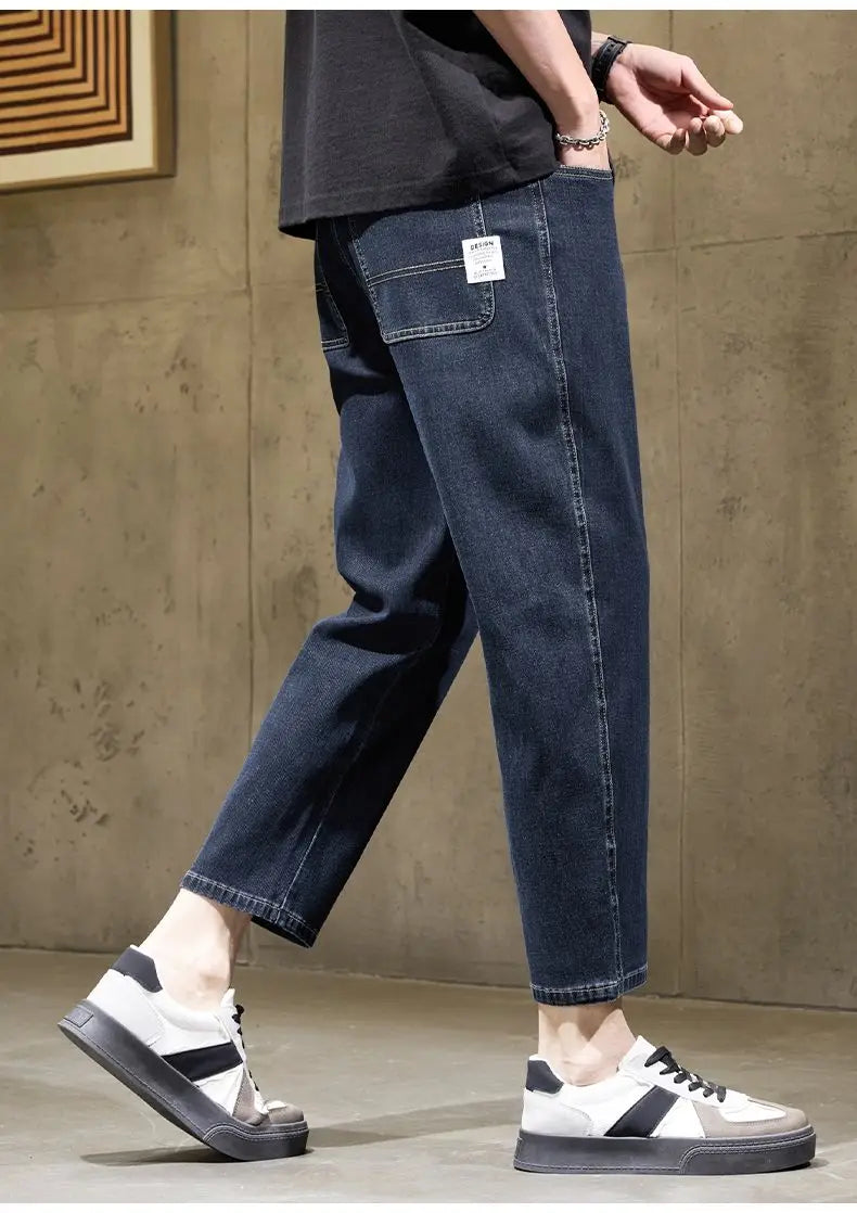 Men's Baggy Straight Leg Jeans Casual Stretch Denim 9-Length Comfortable Loose Trousers Spring Autumn Versatile Wide-Leg Pants