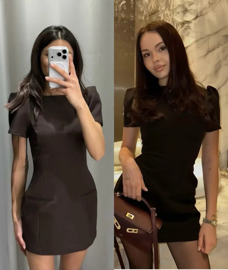 2025 women's new products are elegant and stylish Short dress with a boat neck and short sleeves with pleats  black dress