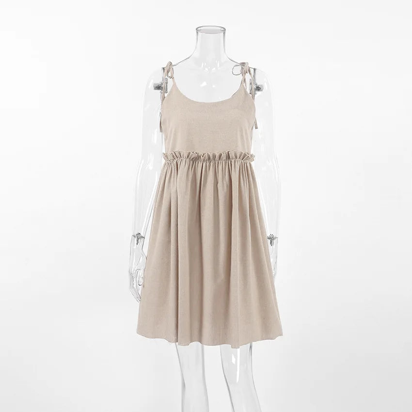 Women's Cotton Linen Spaghetti Strap Mini Dress Summer Loose A-Line Beach Vacation Dress Female Fashion Streetwear Dress