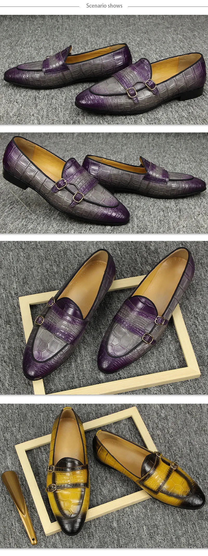 Men Loafers Double Monk Strap Slip on Fashion Casual Penny Footwear Business Wedding Evening Genuine Leather Crocodile Printing