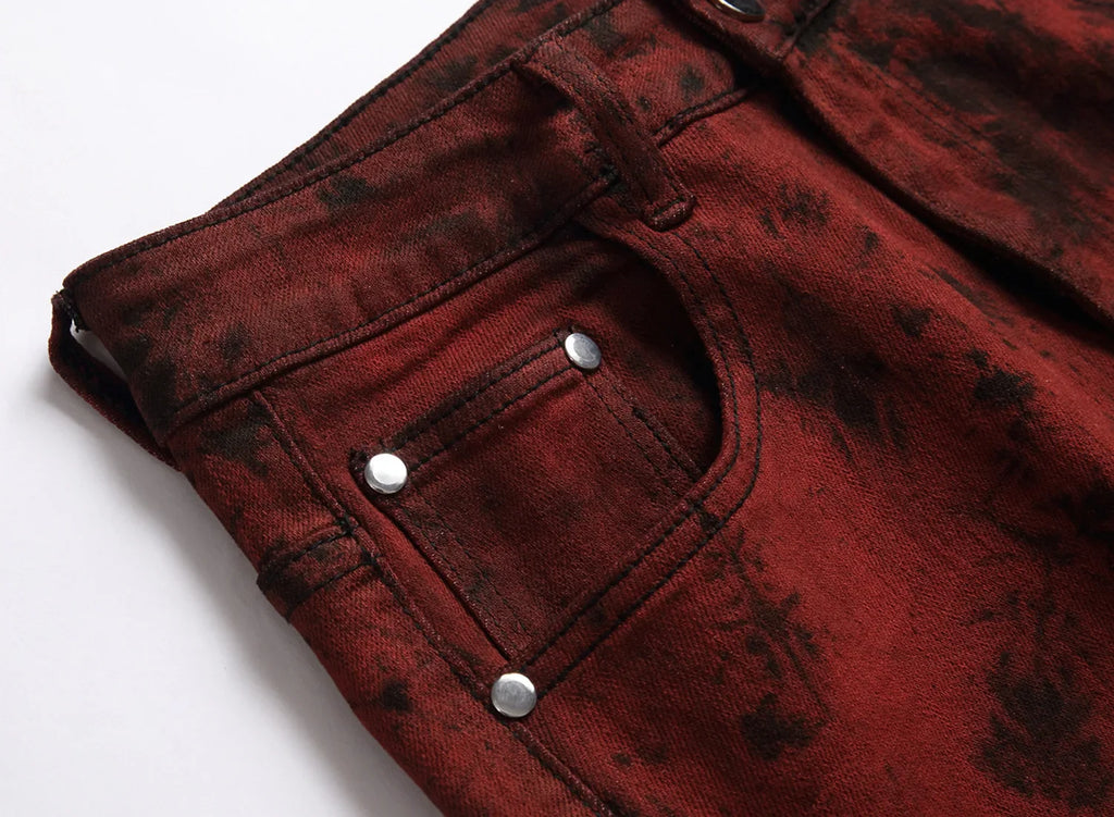 Mens Jeans High Quality Slim Tie dye Snow Wash Brick Red Denim Straight Pants