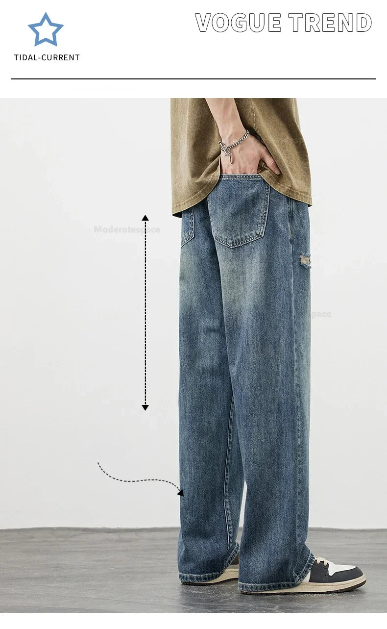 Korea Baggy Cargo Jeans Men Vintage Straight Ripped Y2k Pants Fashion Frayed High Street Distressed Denim Trousers Male Clothes