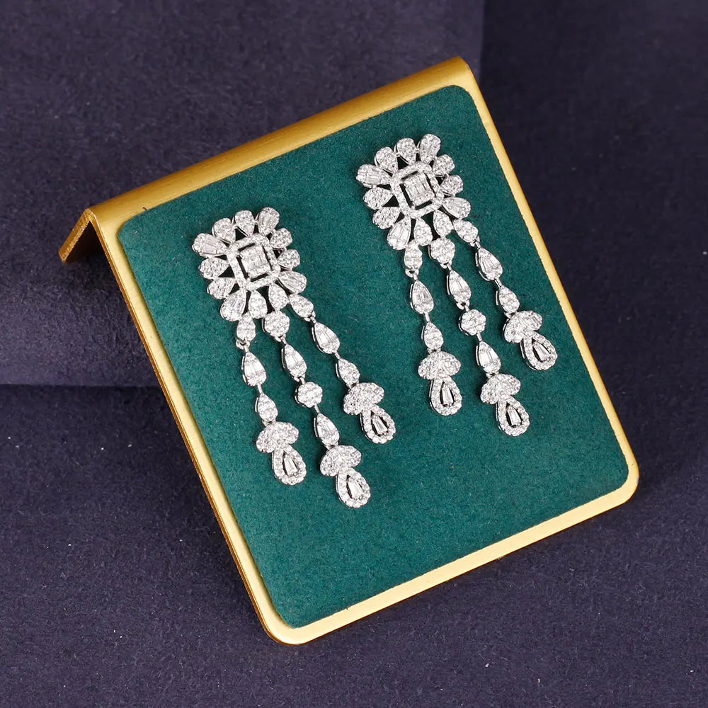 New Trendy Double Row Pearl Tassel Necklace Earring 4PCS For Women Wedding Party Full Zircon Dubai Bridal Jewelry Set Gift