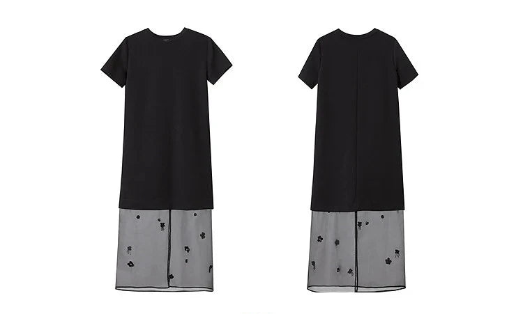 Long Dresses 2026 Autumn New Round Neck Short Sleeve Patchwork Women's Dress Removable Organza Elegant Dress Women 12651024
