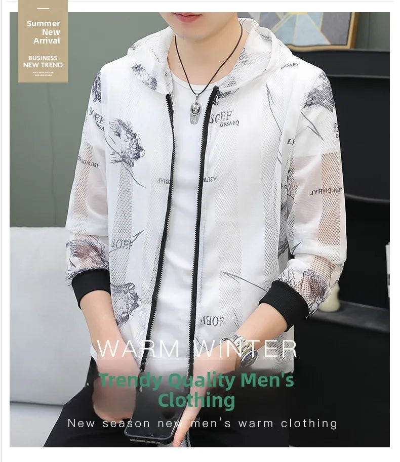Men's Summer Mesh Sun Protection Clothing Trendy Stripe Print Ice Silk Cool Feeling Breathable Quick Dry Hooded Jacket