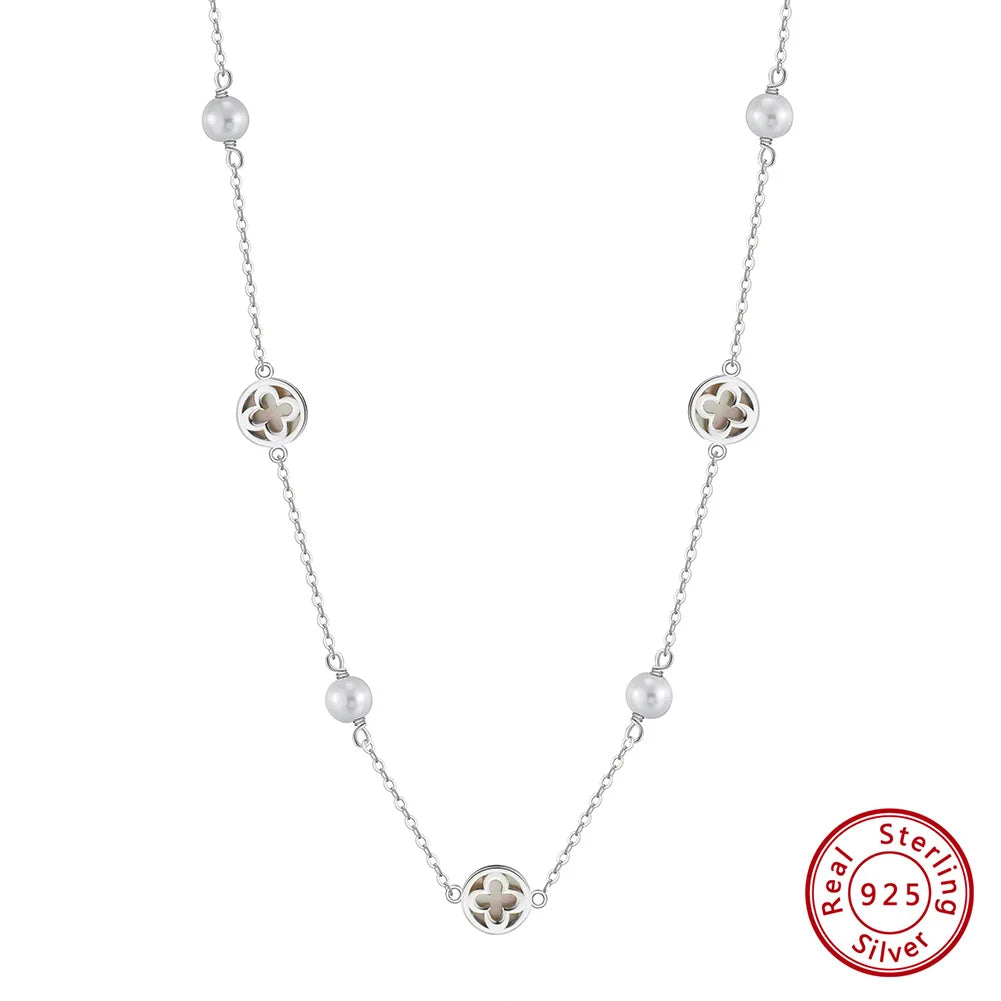 Pure 925 Silver Classic Simple Four-leaf Flower Pendant Necklace Shell Clover Choker Chain Daily Wear Jewelry GMN63