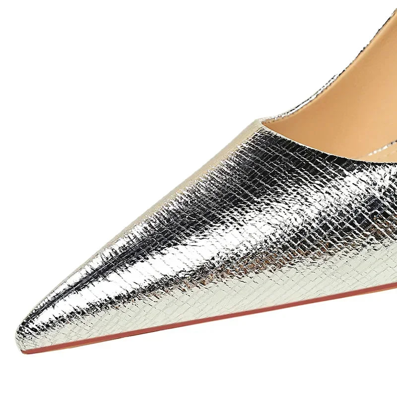Spring Autumn New Women 7cm High Heels Fashion Retro Holiday Party Pumps Lady Gold Silver Daily Office Pointed Toe Low Heels
