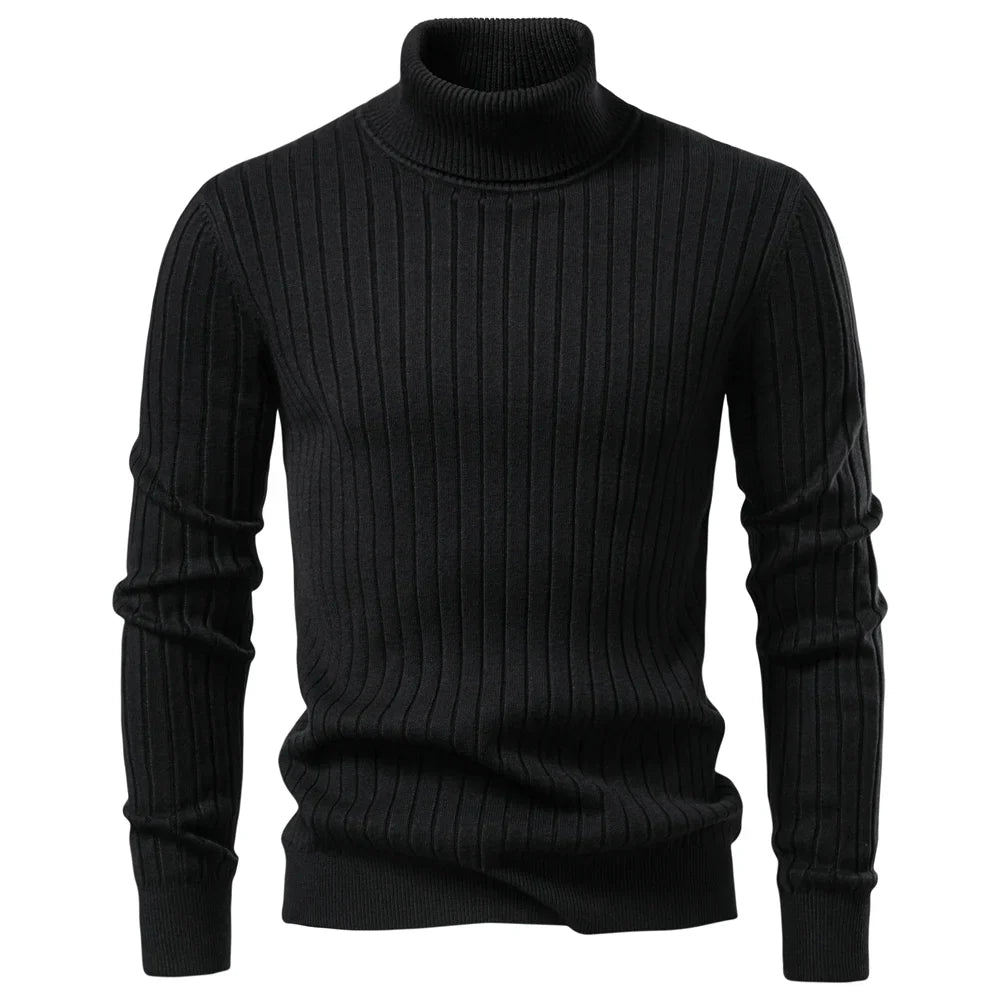 Men's Turtleneck Sweater Solid Color with Striped Pullover Warm Knitwear Winter Basic Casual High Quality Sweater Male